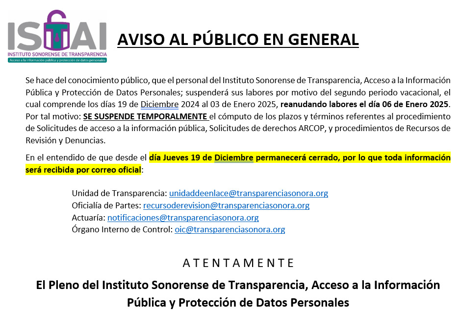 Aviso Período Vacacional de Fin Año